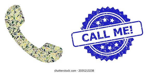 Military camouflage composition of phone, and Call Me Exclamation unclean rosette seal imitation. Blue seal includes Call Me Exclamation caption inside rosette. Mosaic phone constructed with