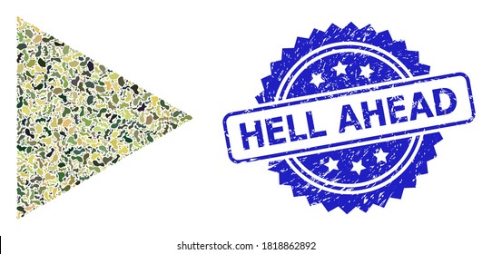 Composición de camuflaje militar de la función de juego, y sello de sello de rosette impuro Hell Ahead. El sello azul tiene el título de Hell Ahead dentro de la rosette. Función de juego mosaico diseñada con textura de camuflaje.