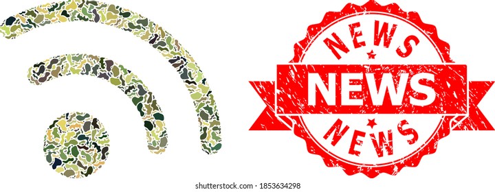 Military camouflage composition of radio signal, and News textured seal print. Red stamp seal has News text inside ribbon. Mosaic radio signal constructed with camouflage elements.