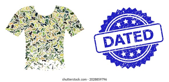 Military camouflage composition of ragged t-shirt, and Dated dirty rosette seal print. Blue stamp contains Dated title inside rosette. Mosaic ragged t-shirt constructed with camouflage texture.
