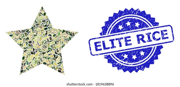 Military camouflage composition of red star, and Elite Rice unclean rosette stamp seal. Blue stamp seal includes Elite Rice title inside rosette. Mosaic red star designed with camouflage texture.