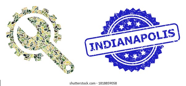 Military camouflage composition of repair tools, and Indianapolis grunge rosette stamp seal. Blue stamp seal includes Indianapolis tag inside rosette.