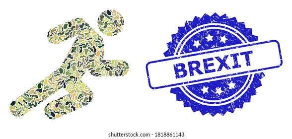 Military camouflage composition of running man, and Brexit rubber rosette seal print. Blue seal includes Brexit caption inside rosette. Mosaic running man designed with camouflage spots.