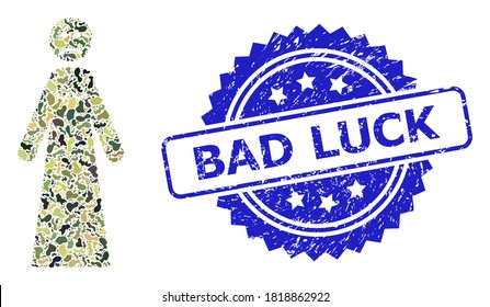 Military camouflage composition of sad woman, and Bad Luck textured rosette stamp seal. Blue stamp seal includes Bad Luck text inside rosette. Mosaic sad woman designed with camouflage elements.
