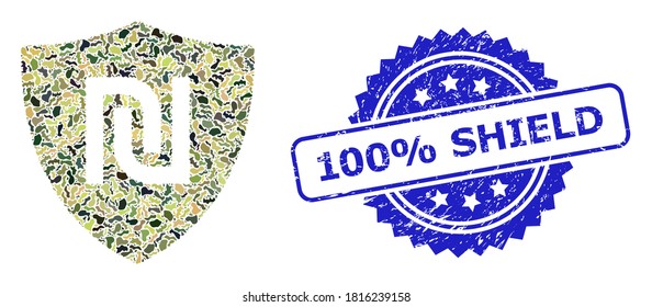Military camouflage composition of shekel guard, and 100% Shield rubber rosette seal. Blue seal has 100% Shield tag inside rosette. Mosaic shekel guard constructed with camouflage items.