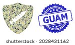 Military camouflage composition of shield vaccine, and Guam corroded rosette stamp seal. Blue stamp seal contains Guam tag inside rosette. Mosaic shield vaccine designed with camouflage texture.