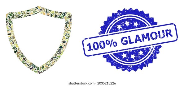 Military camouflage composition of shiled, and 100 percent Glamour corroded rosette seal. Blue seal contains 100 percent Glamour text inside rosette. Mosaic shiled designed with camouflage texture.