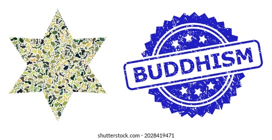 Military camouflage composition of six corner star, and Buddhism scratched rosette stamp seal. Blue stamp seal has Buddhism tag inside rosette. Mosaic six corner star designed with camo texture.