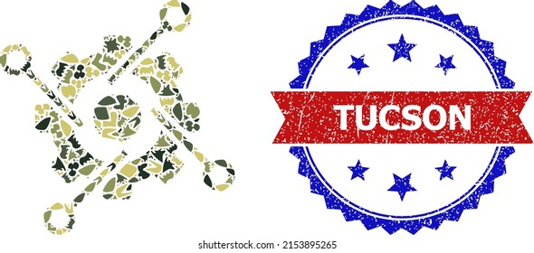 Military camouflage composition of smart development icon, and bicolor scratched Tucson stamp. Vector imprint with Tucson caption inside red ribbon and blue rosette, unclean bicolored style.