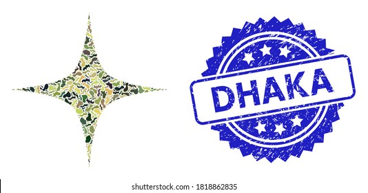 Military camouflage composition of space star, and Dhaka rubber rosette stamp seal. Blue stamp seal includes Dhaka tag inside rosette. Mosaic space star constructed with camo texture.