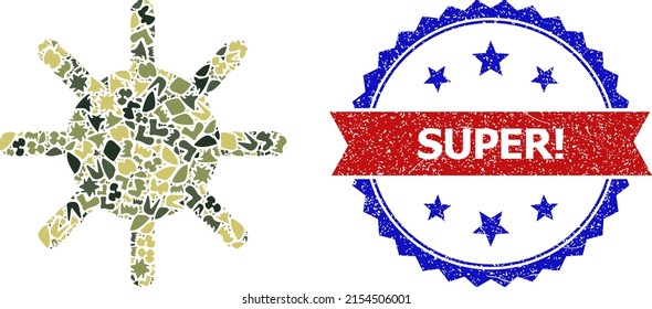 Military camouflage composition of sun rays icon, and bicolor textured Super. watermark. Vector watermark with Super. caption inside red ribbon and blue rosette, unclean bicolored style.