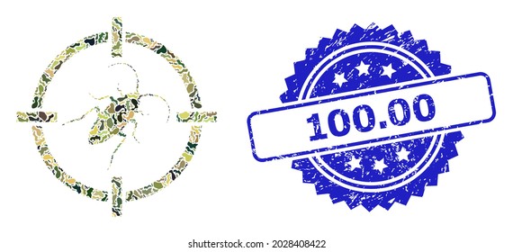 Military camouflage composition of target cockroach, and 100.00 grunge rosette stamp seal. Blue stamp seal has 100.00 text inside rosette. Mosaic target cockroach constructed with camouflage texture.