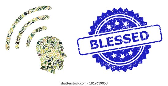 Military camouflage composition of telepathy waves, and Blessed scratched rosette seal print. Blue stamp seal contains Blessed tag inside rosette.