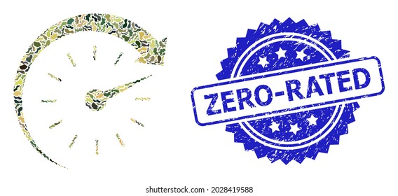 Military camouflage composition of time forward, and Zero-Rated rubber rosette stamp seal. Blue stamp seal includes Zero-Rated tag inside rosette. Mosaic time forward designed with camo items.