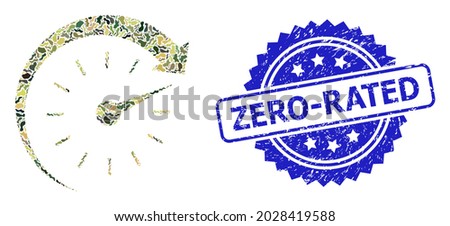 Military camouflage composition of time forward, and Zero-Rated rubber rosette stamp seal. Blue stamp seal includes Zero-Rated tag inside rosette. Mosaic time forward designed with camo items.