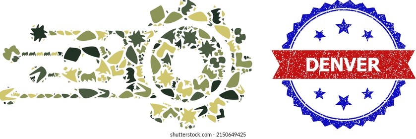 Military Camouflage Composition Of Transition Gear Icon, And Bicolor Unclean Denver Watermark. Vector Watermark With Denver Caption Inside Red Ribbon And Blue Rosette, Scratched Bicolored Style.