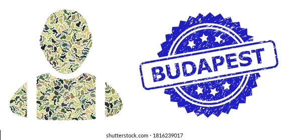 Composición de camuflaje militar de los trabajadores, y imitación de sello de rosette en Budapest. El sello azul tiene la leyenda de Budapest dentro de la roseta. Trabajador mosaico construido con artículos de camuflaje.