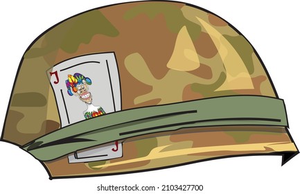 Military camouflage helmet with belt and card joker