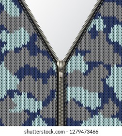 Military camouflage knitted texture with lock as a fabric texture in khaki hues. Fastener and zipper isolated on knitted background. Blank banner space for your text invite. Vector illustration.