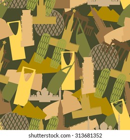 Military camouflage Landmark buildings. Attractions of army clothing texture. Protective seamless pattern.