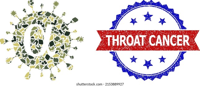 Military camouflage mosaic of Alpha covid virus icon, and bicolor scratched Throat Cancer seal. Vector seal with Throat Cancer title inside red ribbon and blue rosette, scratched bicolored style.
