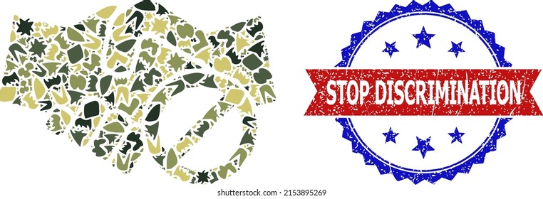Military camouflage mosaic of avoid handshake icon, and bicolor unclean Stop Discrimination seal stamp. Vector seal with Stop Discrimination text inside red ribbon and blue rosette,