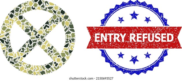 Military camouflage mosaic of banned icon, and bicolor scratched Entry Refused seal stamp. Vector imprint with Entry Refused text inside red ribbon and blue rosette, unclean bicolored style.