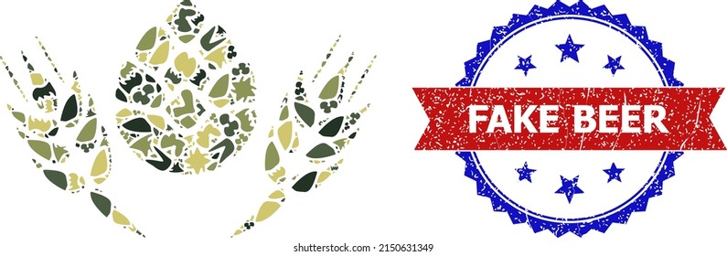 Military camouflage mosaic of barley beer icon, and bicolor unclean Fake Beer seal stamp. Vector seal with Fake Beer caption inside red ribbon and blue rosette, corroded bicolored style.