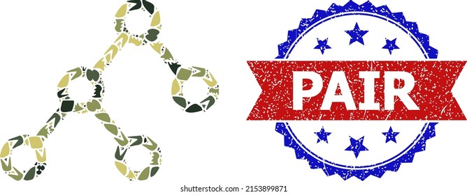 Military camouflage mosaic of binary connections icon, and bicolor scratched Pair seal. Vector imprint with Pair caption inside red ribbon and blue rosette, retro bicolored style.