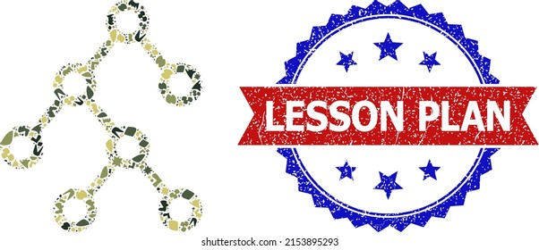 Military Camouflage Mosaic Of Binary Tree Icon, And Bicolor Rubber Lesson Plan Seal. Vector Seal With Lesson Plan Title Inside Red Ribbon And Blue Rosette, Retro Bicolored Style.