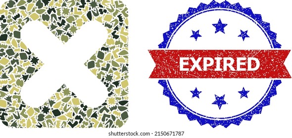 Military camouflage mosaic of close button icon, and bicolor textured Expired stamp. Vector seal with Expired caption inside red ribbon and blue rosette, grunge bicolored style.