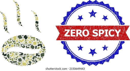 Military camouflage mosaic of coffee aroma icon, and bicolor unclean Zero Spicy stamp. Vector imprint with Zero Spicy tag inside red ribbon and blue rosette, unclean bicolored style.