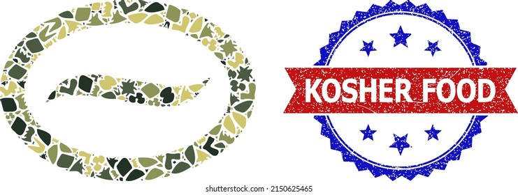 Military camouflage mosaic of coffee bean icon, and bicolor grunge Kosher Food stamp. Vector watermark with Kosher Food text inside red ribbon and blue rosette, scratched bicolored style.