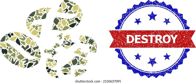 Military camouflage mosaic of coffee bean crush icon, and bicolor scratched Destroy watermark. Vector watermark with Destroy tag inside red ribbon and blue rosette, retro bicolored style.