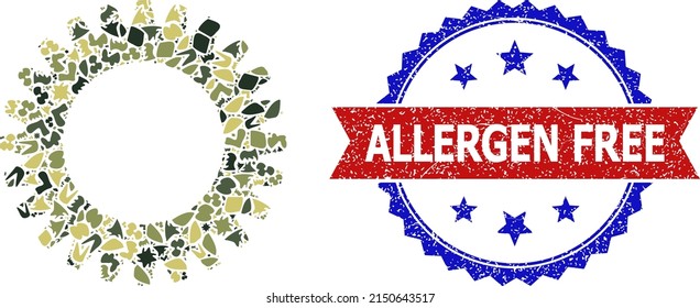 Military camouflage mosaic of cogwheel icon, and bicolor textured Allergen Free stamp. Vector watermark with Allergen Free text inside red ribbon and blue rosette, grunge bicolored style.