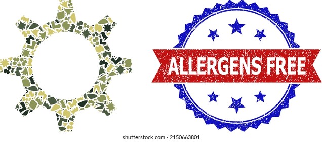 Military camouflage mosaic of cogwheel icon, and bicolor rubber Allergens Free watermark. Vector watermark with Allergens Free caption inside red ribbon and blue rosette, unclean bicolored style.