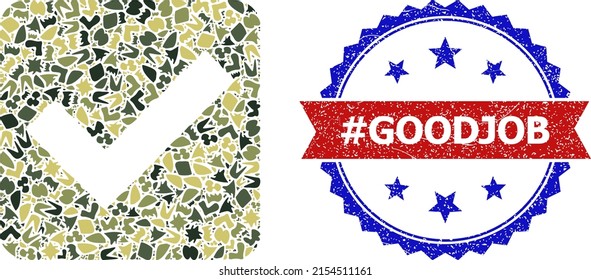 Military camouflage mosaic of confirm checkbox icon, and bicolor rubber Goodjob watermark. Vector watermark with Goodjob tag inside red ribbon and blue rosette, scratched bicolored style.