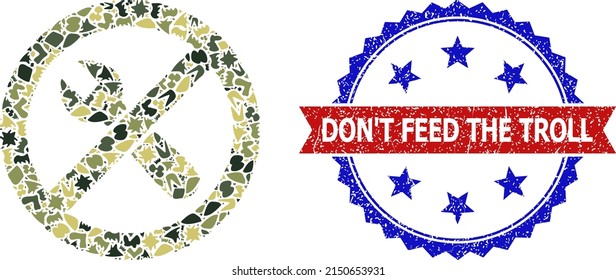 Military camouflage mosaic of do not repair icon, and bicolor grunge Don'T Feed the Troll seal stamp. Vector seal with Don'T Feed the Troll title inside red ribbon and blue rosette,