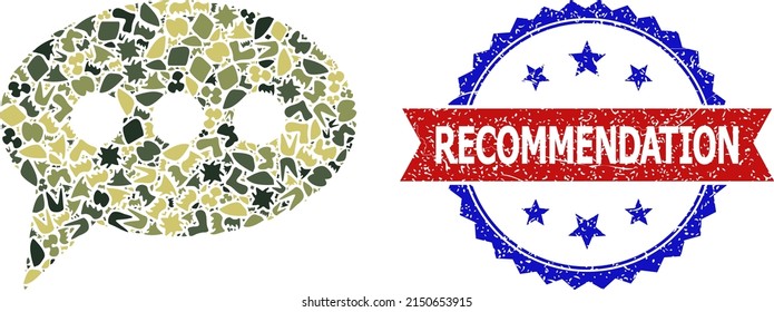 Military camouflage mosaic of forum message icon, and bicolor rubber Recommendation seal stamp. Vector imprint with Recommendation title inside red ribbon and blue rosette, scratched bicolored style.