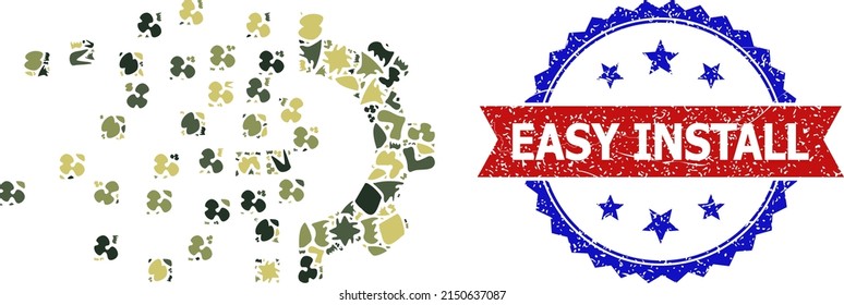 Military camouflage mosaic of gear assembling icon, and bicolor grunge Easy Install seal. Vector imprint with Easy Install tag inside red ribbon and blue rosette, corroded bicolored style.