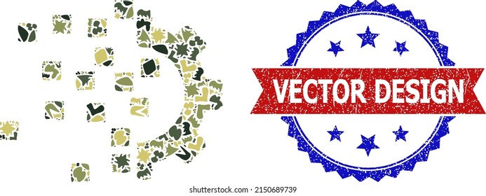Military camouflage mosaic of gear compilation icon, and bicolor unclean Vector Design seal. Vector seal with Vector Design caption inside red ribbon and blue rosette, retro bicolored style.