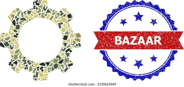 Military camouflage mosaic of gear icon, and bicolor textured Bazaar seal stamp. Vector imprint with Bazaar tag inside red ribbon and blue rosette, unclean bicolored style.