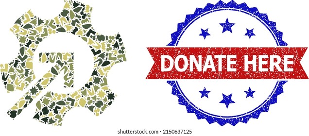 Military camouflage mosaic of gear integration icon, and bicolor dirty Donate Here seal stamp. Vector seal with Donate Here title inside red ribbon and blue rosette, distress bicolored style.