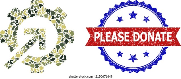 Military camouflage mosaic of gear integration icon, and bicolor scratched Please Donate watermark. Vector seal with Please Donate text inside red ribbon and blue rosette, unclean bicolored style.