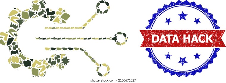 Military camouflage mosaic of gear sensor icon, and bicolor grunge Data Hack watermark. Vector watermark with Data Hack caption inside red ribbon and blue rosette, corroded bicolored style.