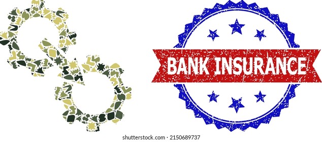 Military Camouflage Mosaic Of Gears Integration Icon, And Bicolor Textured Bank Insurance Watermark. Vector Watermark With Bank Insurance Title Inside Red Ribbon And Blue Rosette,