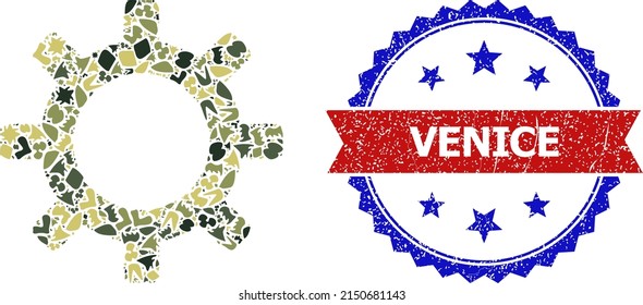 Military camouflage mosaic of gearwheel icon, and bicolor grunge Venice watermark. Vector seal with Venice tag inside red ribbon and blue rosette, retro bicolored style.