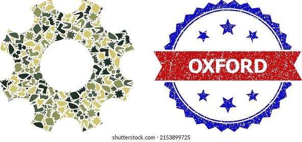 Military camouflage mosaic of gearwheel icon, and bicolor scratched Oxford seal stamp. Vector seal with Oxford title inside red ribbon and blue rosette, scratched bicolored style.