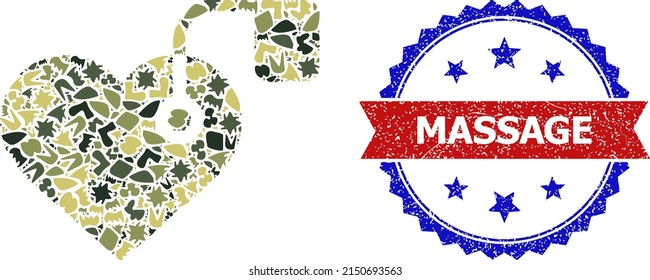 Military camouflage mosaic of heart pacemaker icon, and bicolor dirty Massage watermark. Vector imprint with Massage text inside red ribbon and blue rosette, corroded bicolored style.