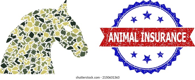 Military Camouflage Mosaic Of Horse Head Icon, And Bicolor Unclean Animal Insurance Seal. Vector Seal With Animal Insurance Title Inside Red Ribbon And Blue Rosette, Corroded Bicolored Style.